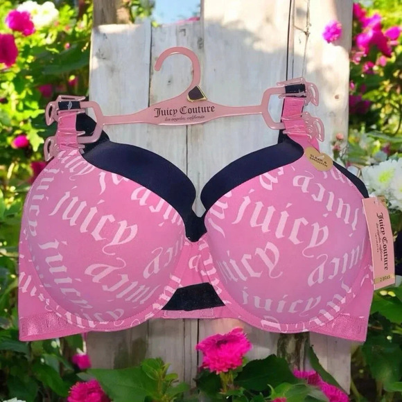Juicy Couture Sexy Pink Logo & Solid Black Push-up Bra 2 Piece Set Size 38D New - Picture 2 of 8